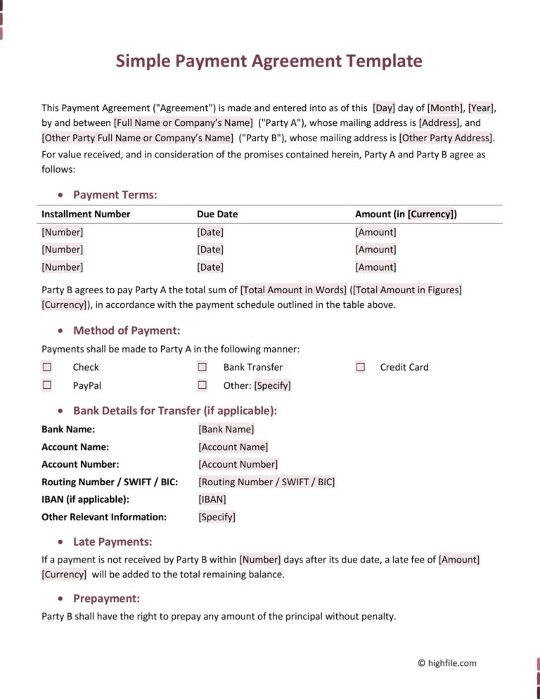 Simple Payment Agreement Template Word PDF Google Docs Highfile