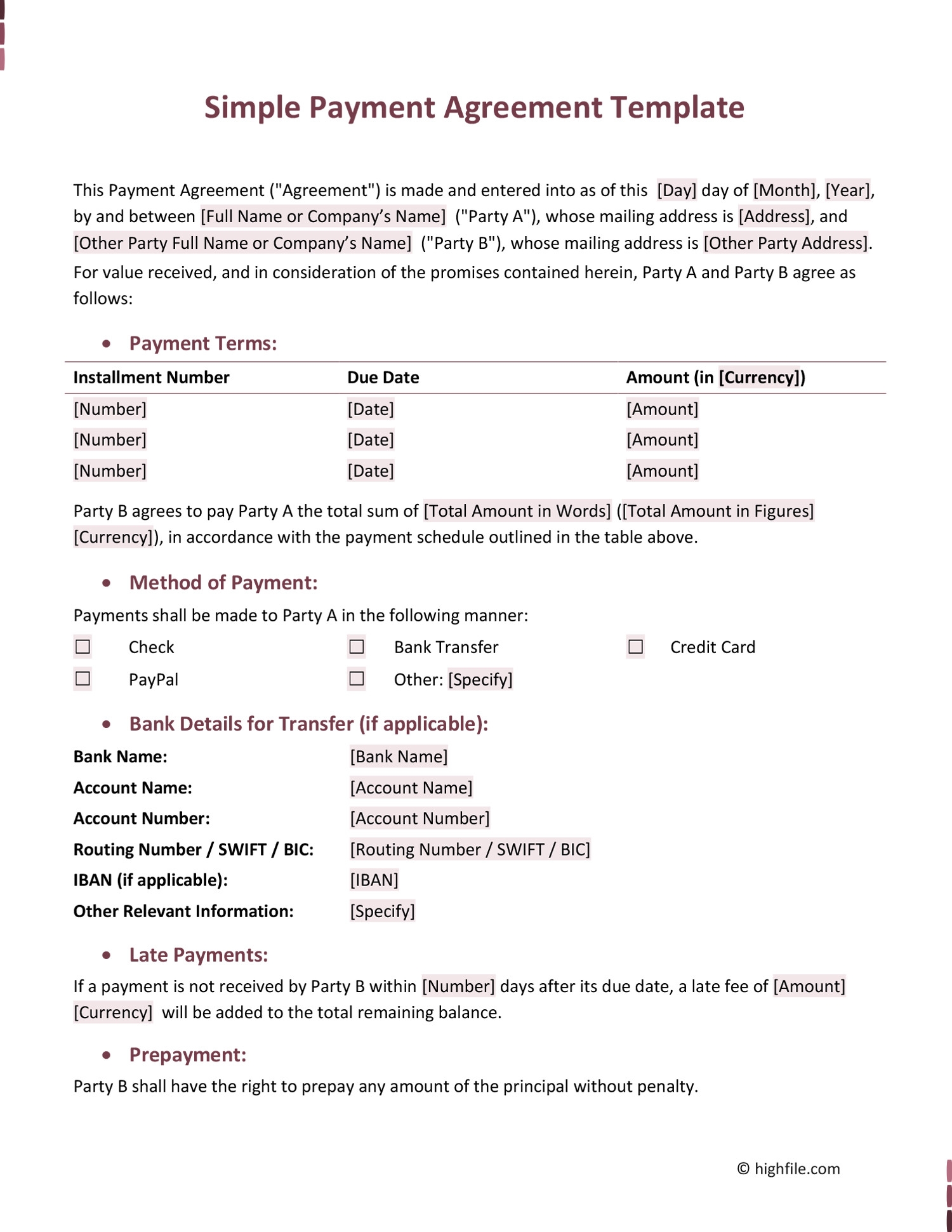 Simple Payment Agreement Template Word PDF Google Docs Highfile