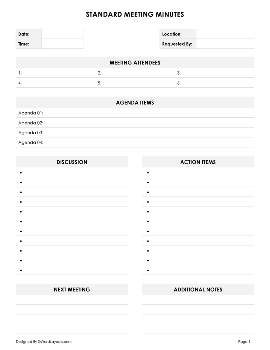 Standard Meeting Minutes Template WordLayouts