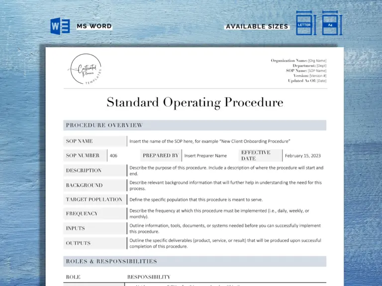 Standard Operating Procedure Template SOP Template MS Word Instant Download Document Business Process Best SOP Template Multiuse Etsy
