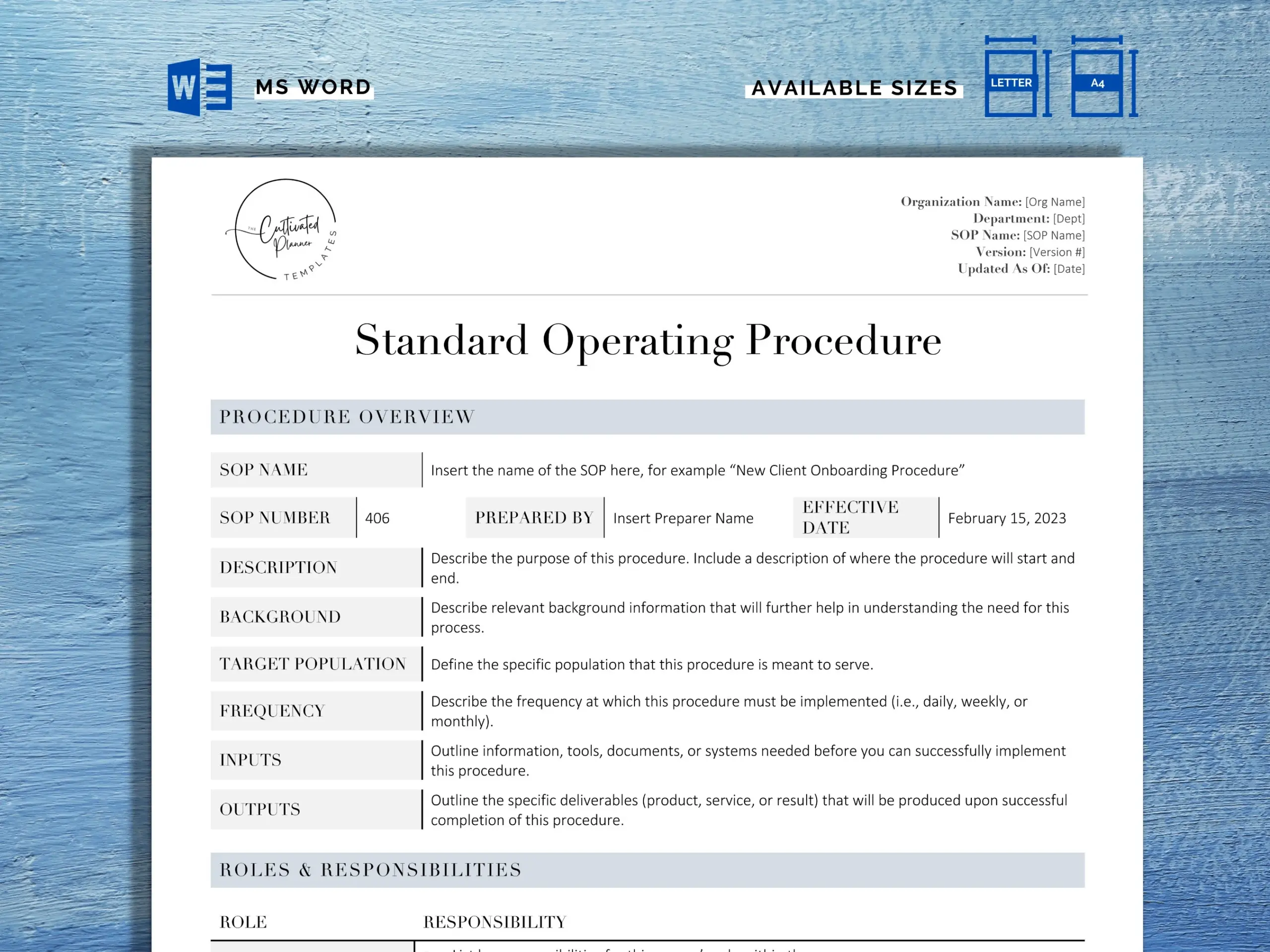 Standard Operating Procedure Template SOP Template MS Word Instant Download Document Business Process Best SOP Template Multiuse Etsy