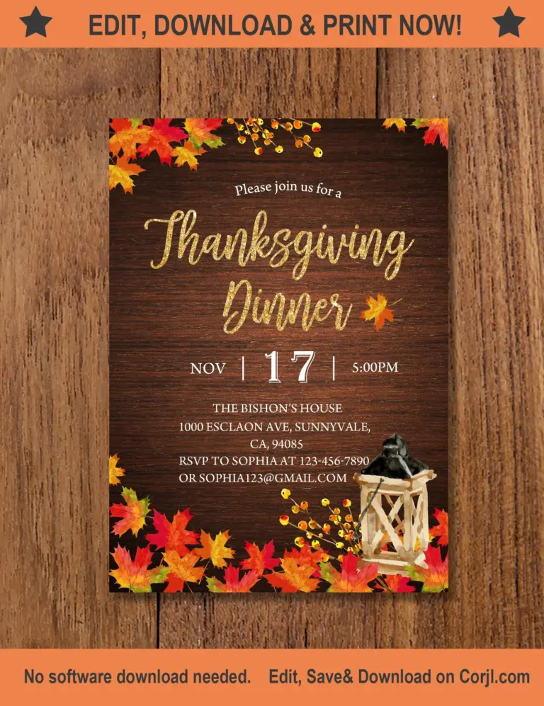 Thanksgiving Party Invitation Rustic Maple Leaf Lantern 5x7in Editable Etsy