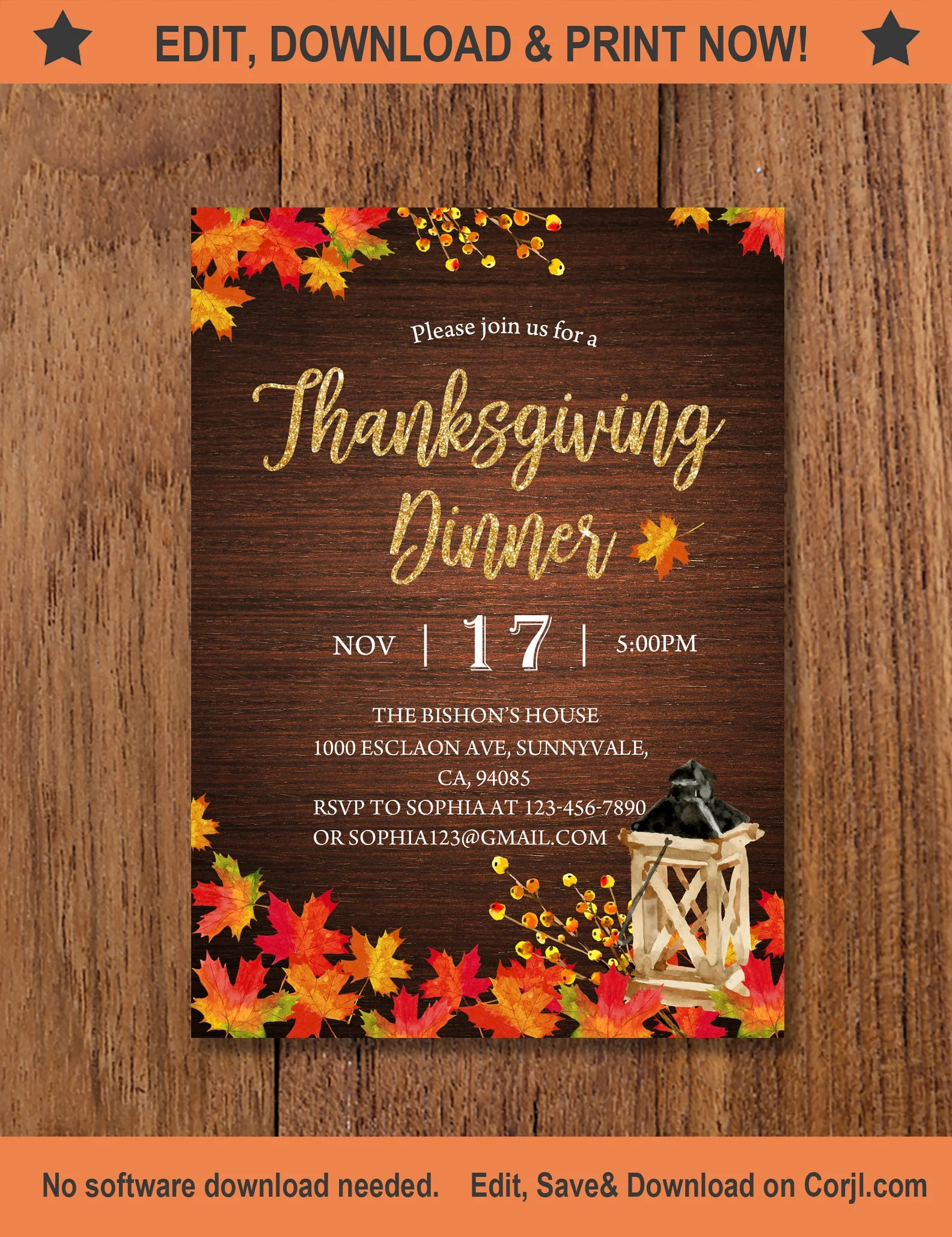 Thanksgiving Party Invitation Rustic Maple Leaf Lantern 5x7in Editable Etsy