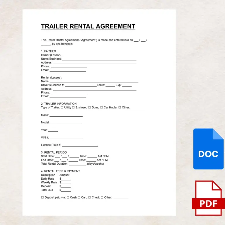 Trailer Rental Agreement Template Legal Contract PDF Word Format Etsy