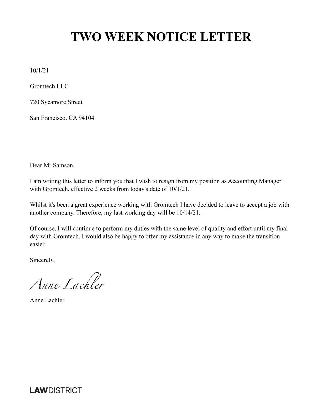 Two Weeks Notice Letter Resignation Template Lawdistrict