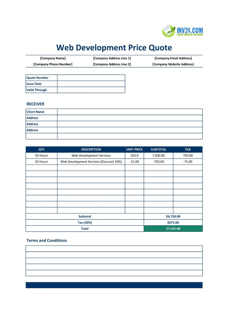 Web Development Quote Template Excel Google Sheets 