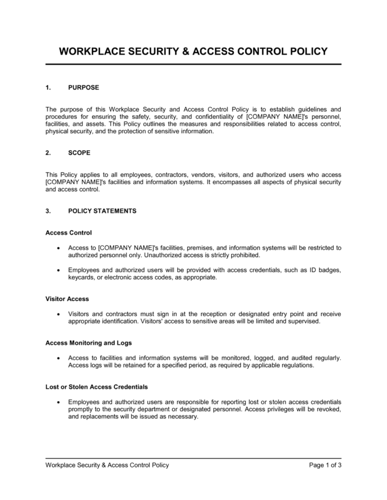 Workplace Security And Access Control Policy Template Free Word 