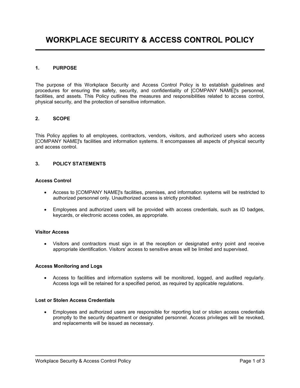 Workplace Security And Access Control Policy Template Free Word